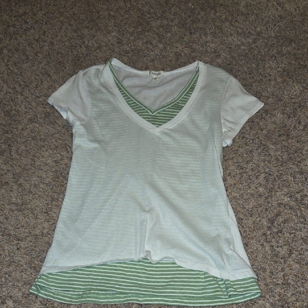 Energie White Short Sleeve Layered Tee with Green Stripe